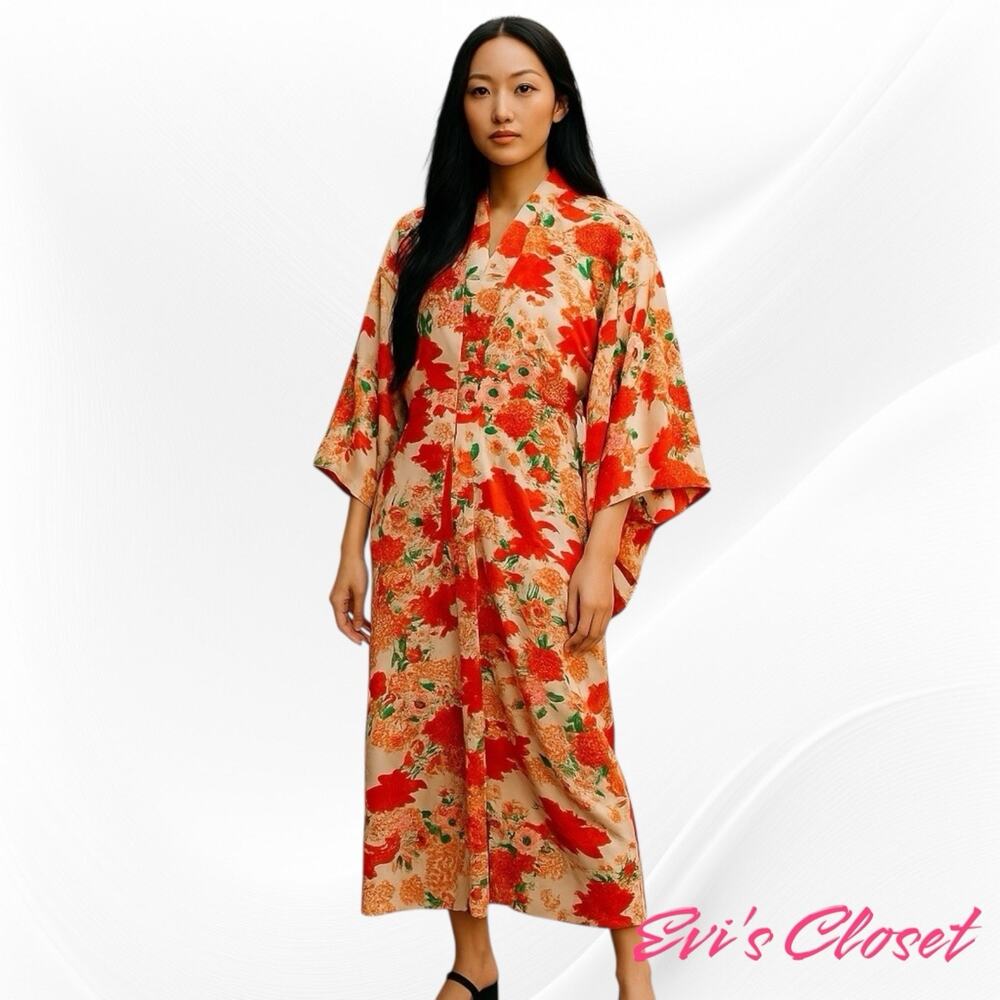 Vintage Japanese Flowers Birds Summer Nagajuban Fully Lined Kimono Robe